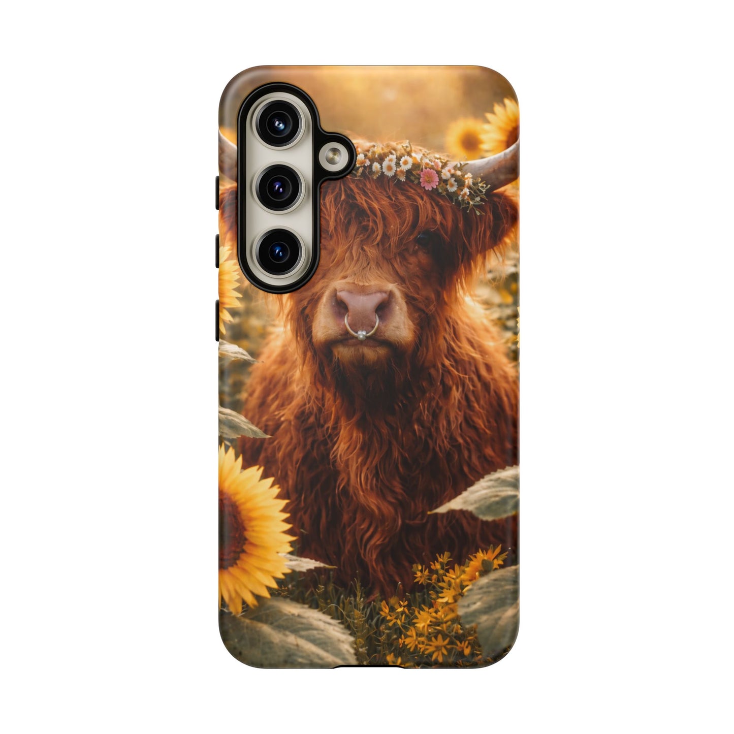 Highland Cow Sunflower Phone Case | Floral Farmhouse iPhone, Samsung Galaxy and Pixel Cover