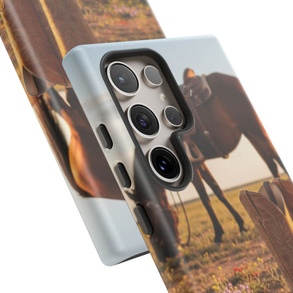 Western Cowboy Boots Phone Case – Rustic Horse Sunset Tough Case (iPhone, Samsung, Pixel)
