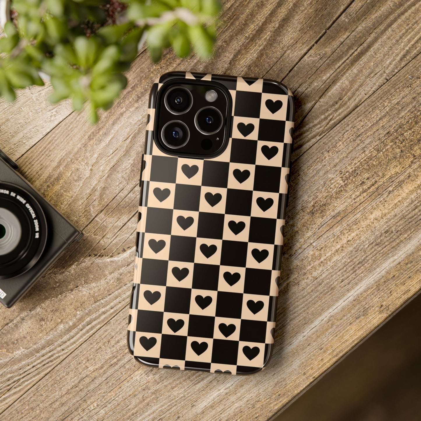 Checkerboard Heart Phone Case – Black & Beige Cute Aesthetic Protective Cover for Iphone, Samsung Galaxy and Pixel