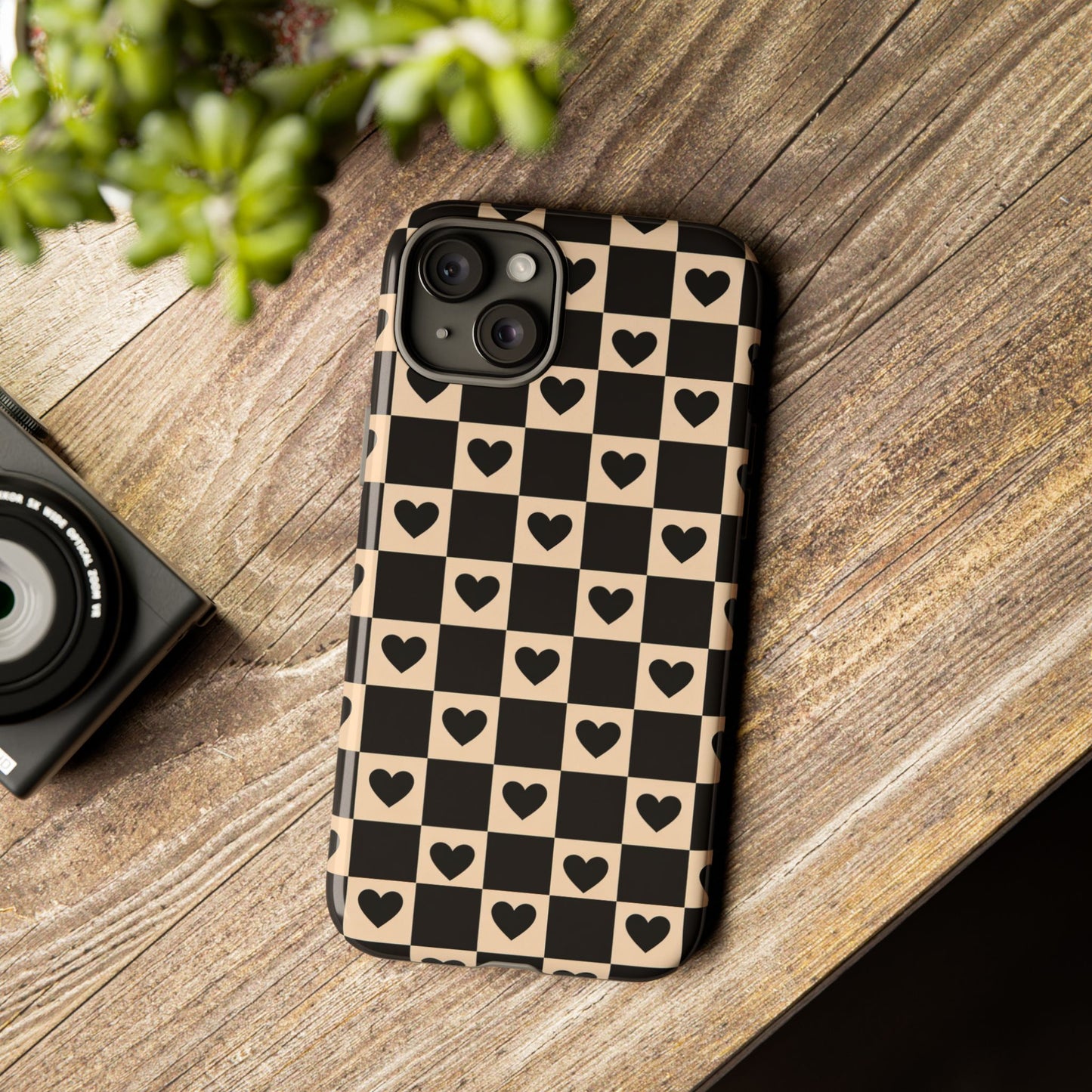 Checkerboard Heart Phone Case – Black & Beige Cute Aesthetic Protective Cover for Iphone, Samsung Galaxy and Pixel