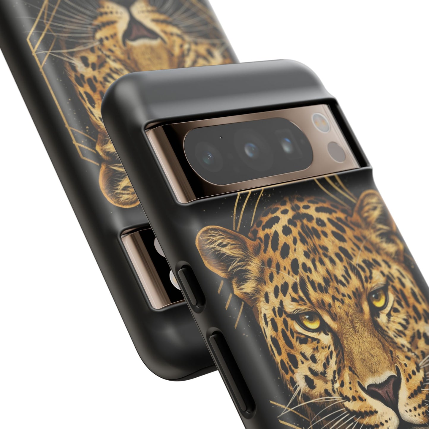 Leopard Head Geometric Phone Case – Black & Gold Luxe Tough Case