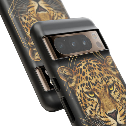 Leopard Head Geometric Phone Case – Black & Gold Luxe Tough Case
