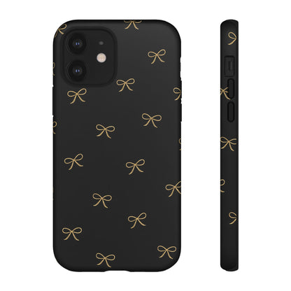 Black Phone Case with Gold Bow Pattern – Slim Protective Cute Aesthetic Cover for Iphone, Samsung Galaxy and Pixel