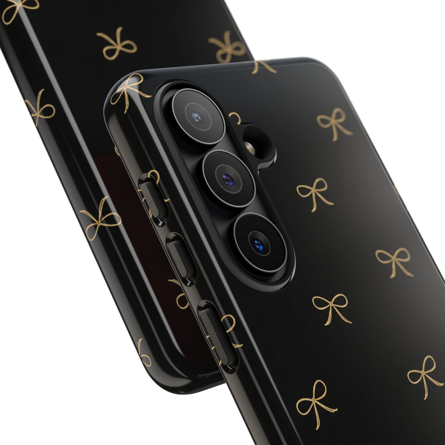 Black Phone Case with Gold Bow Pattern – Slim Protective Cute Aesthetic Cover for Iphone, Samsung Galaxy and Pixel