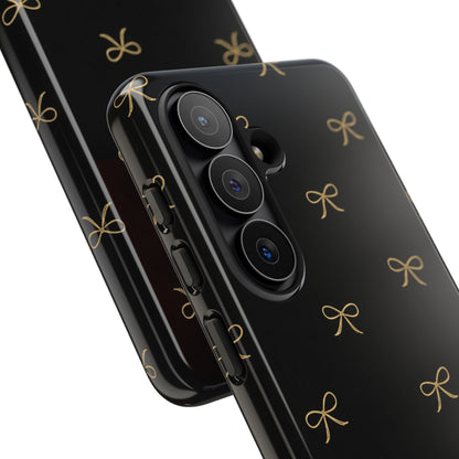 Black Phone Case with Gold Bow Pattern – Slim Protective Cute Aesthetic Cover for Iphone, Samsung Galaxy and Pixel