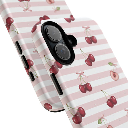 Pink Cherry Stripe Phone Case | Cute Coquette Aesthetic Protective Tough Case