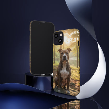 Pitbull Portrait Phone Case | Dog Lover Tough Case, Sunset Forest