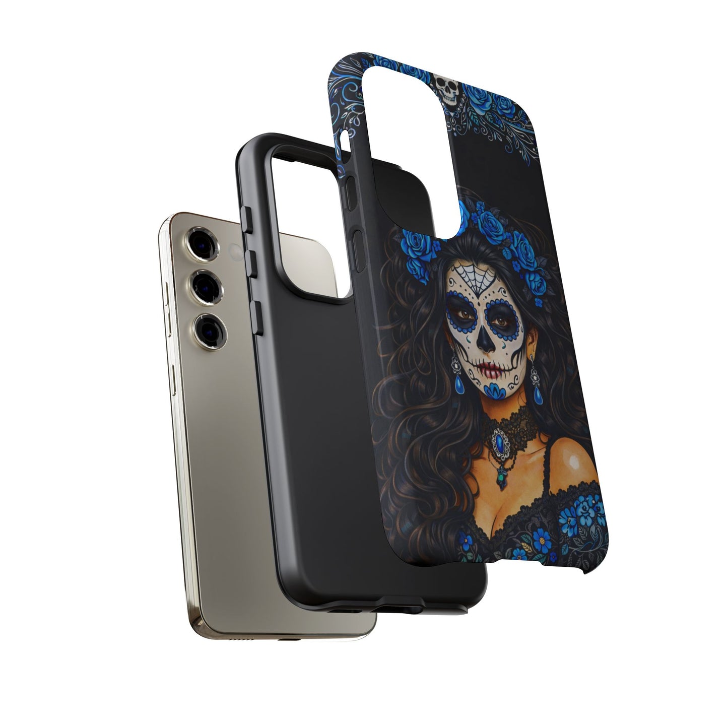 Blue Sugar Skull Woman Phone Case – Day of the Dead Aesthetic Tough Cover
