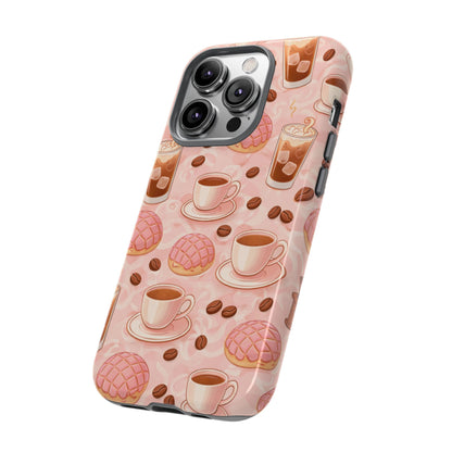 Cute Coffee & Pink Concha Phone Case – Coffee Lover Aesthetic Latte Pattern Tough Case