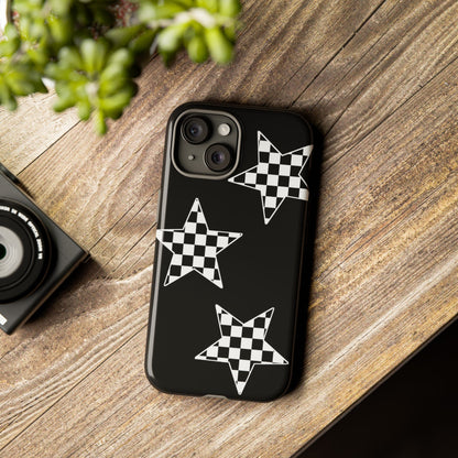 Checkered Star Tough Phone Case – Black Retro Graphic Protective Cover for Iphone, Samsung Galaxy and Pixel