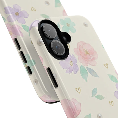 Pastel Floral Phone Case – Coquette Watercolor Flower Hearts Tough Case (iPhone, Samsung, Pixel)