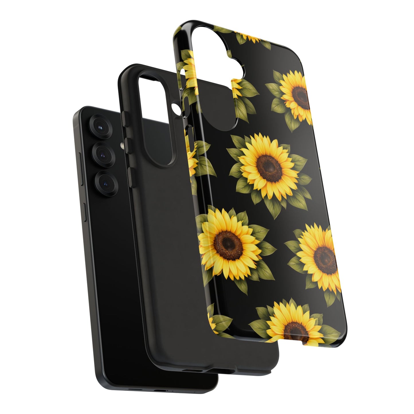 Sunflower Floral Tough Phone Case – Black Background Protective Cover for Iphone, Samsung Galaxy and Pixel