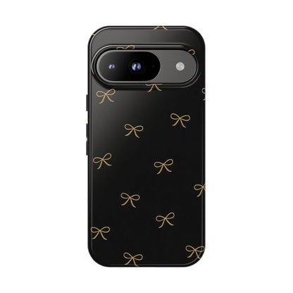 Black Phone Case with Gold Bow Pattern – Slim Protective Cute Aesthetic Cover for Iphone, Samsung Galaxy and Pixel