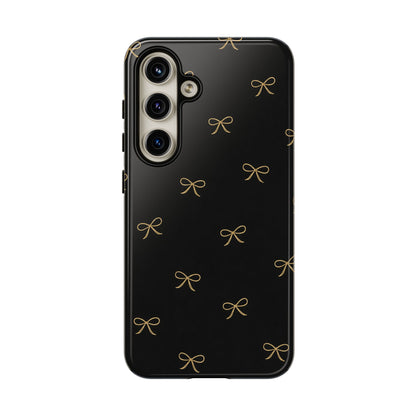 Black Phone Case with Gold Bow Pattern – Slim Protective Cute Aesthetic Cover for Iphone, Samsung Galaxy and Pixel