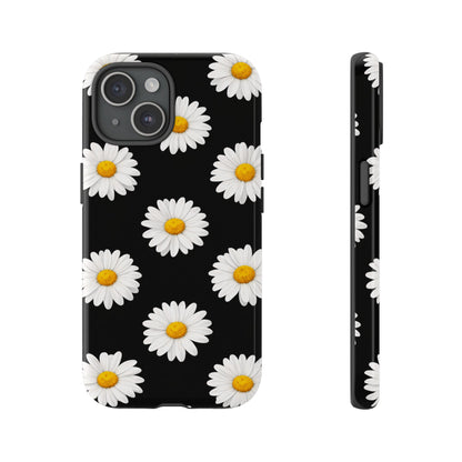 Black Daisy Floral Tough Phone Case – Cute Protective Cover for Iphone, Samsung Galaxy and Pixel