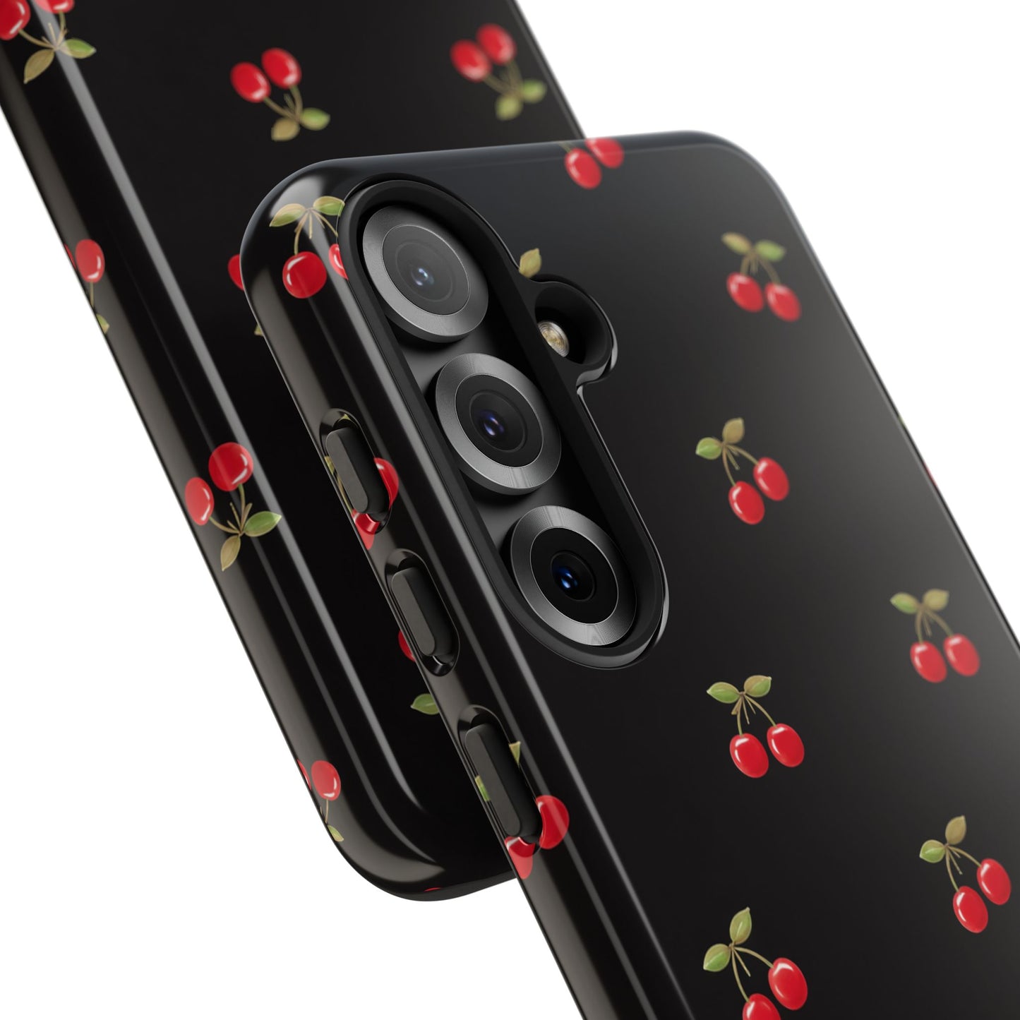 Cherry Pattern Phone Case — Slim Black Protective iPhone Case with Red Cherries for Iphone, Samsung Galaxy and Pixel
