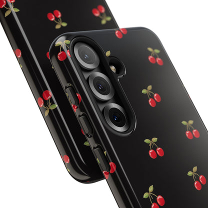 Cherry Pattern Phone Case — Slim Black Protective iPhone Case with Red Cherries for Iphone, Samsung Galaxy and Pixel