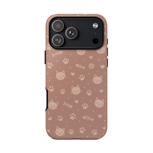 Cute Cat Pattern Phone Case | Paw Prints, Fishbone & Yarn Design Tough Case