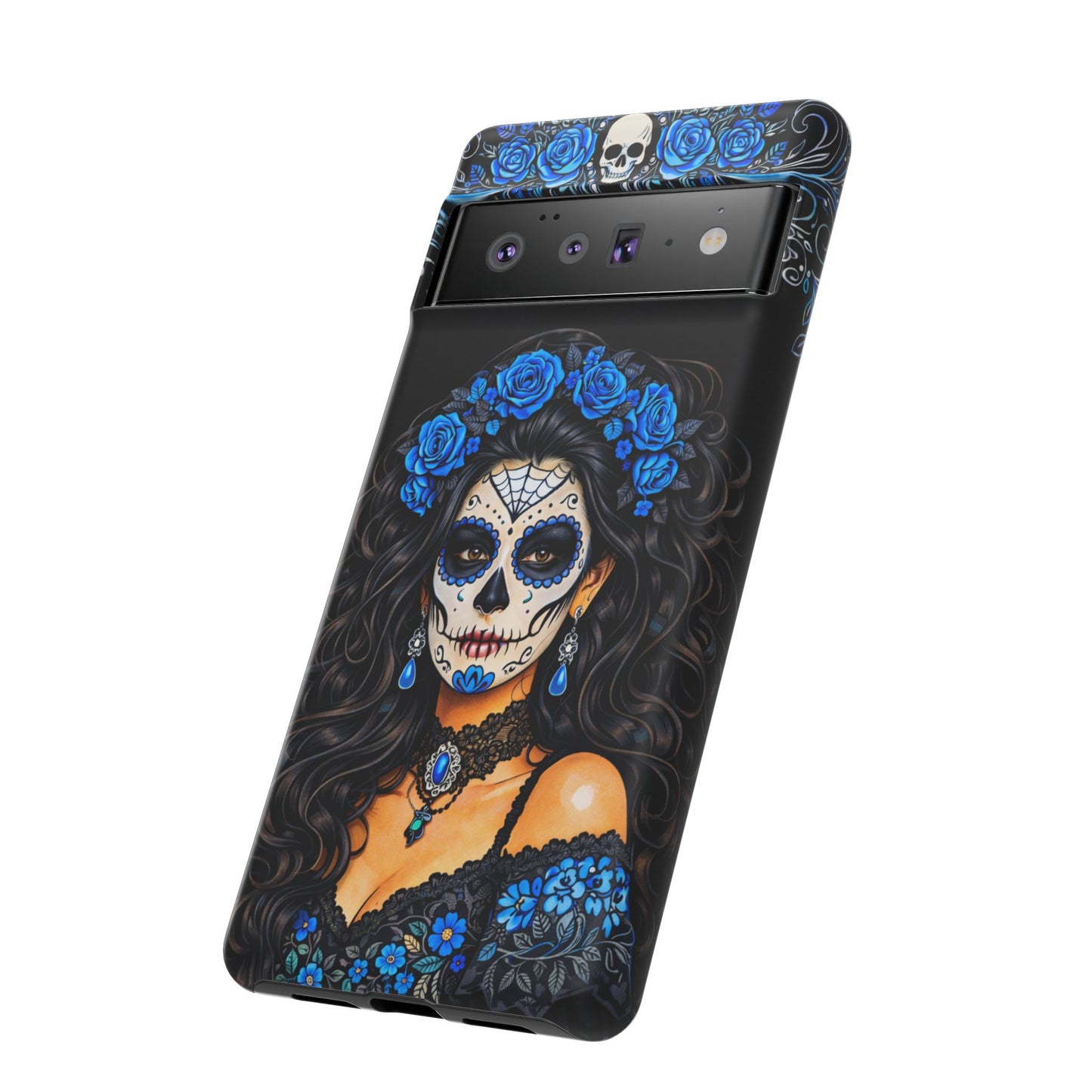 Blue Sugar Skull Woman Phone Case – Day of the Dead Aesthetic Tough Cover