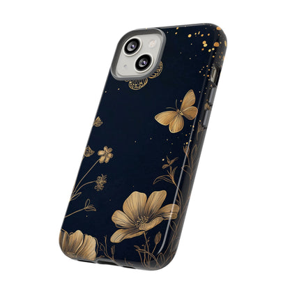 Gold Floral Butterfly Phone Case, Dark Aesthetic Botanical, Elegant Black Luxury iPhone Samsung Cover