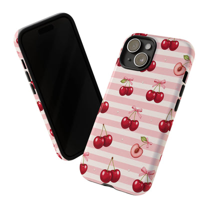 Coquette Cherry Bow Phone Case | Cute Pink Aesthetic Cherry Pattern Tough Case for iPhone & Samsung