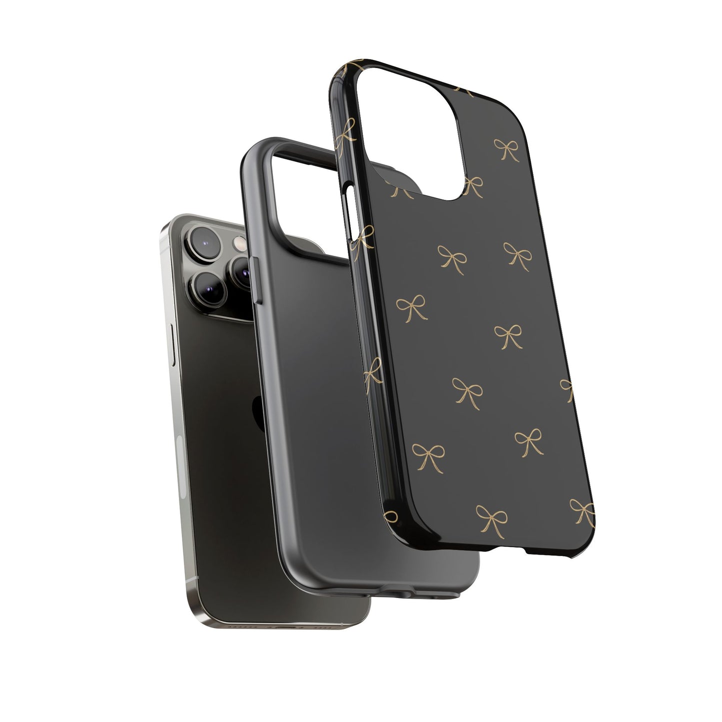 Black Phone Case with Gold Bow Pattern – Slim Protective Cute Aesthetic Cover for Iphone, Samsung Galaxy and Pixel