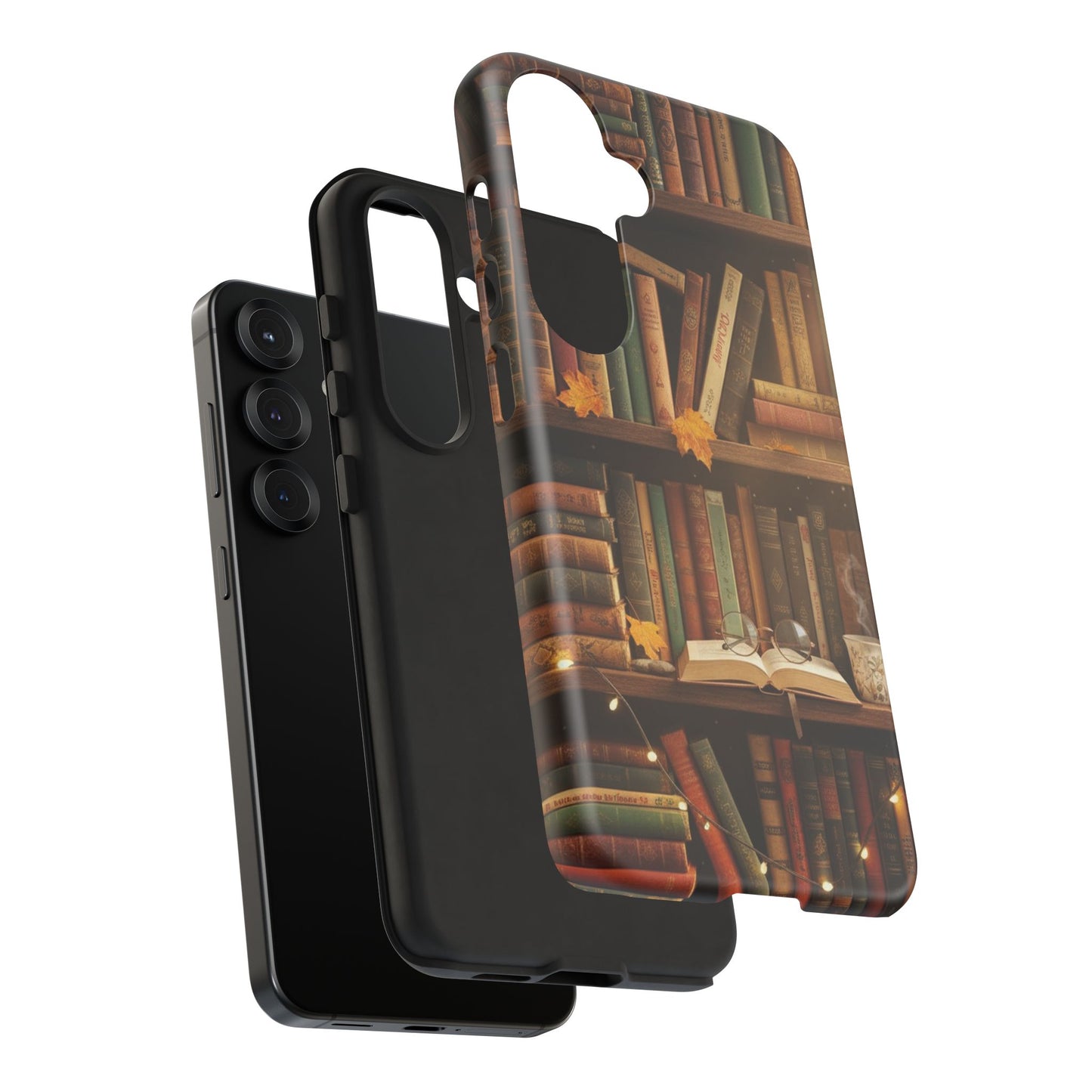 Cozy Vintage Bookshelf Phone Case, Library Aesthetic Book Stack, Autumn Coffee Vibes (iPhone, Samsung, Pixel)