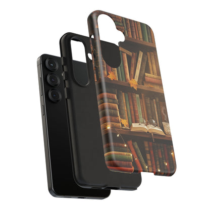 Cozy Vintage Bookshelf Phone Case, Library Aesthetic Book Stack, Autumn Coffee Vibes (iPhone, Samsung, Pixel)