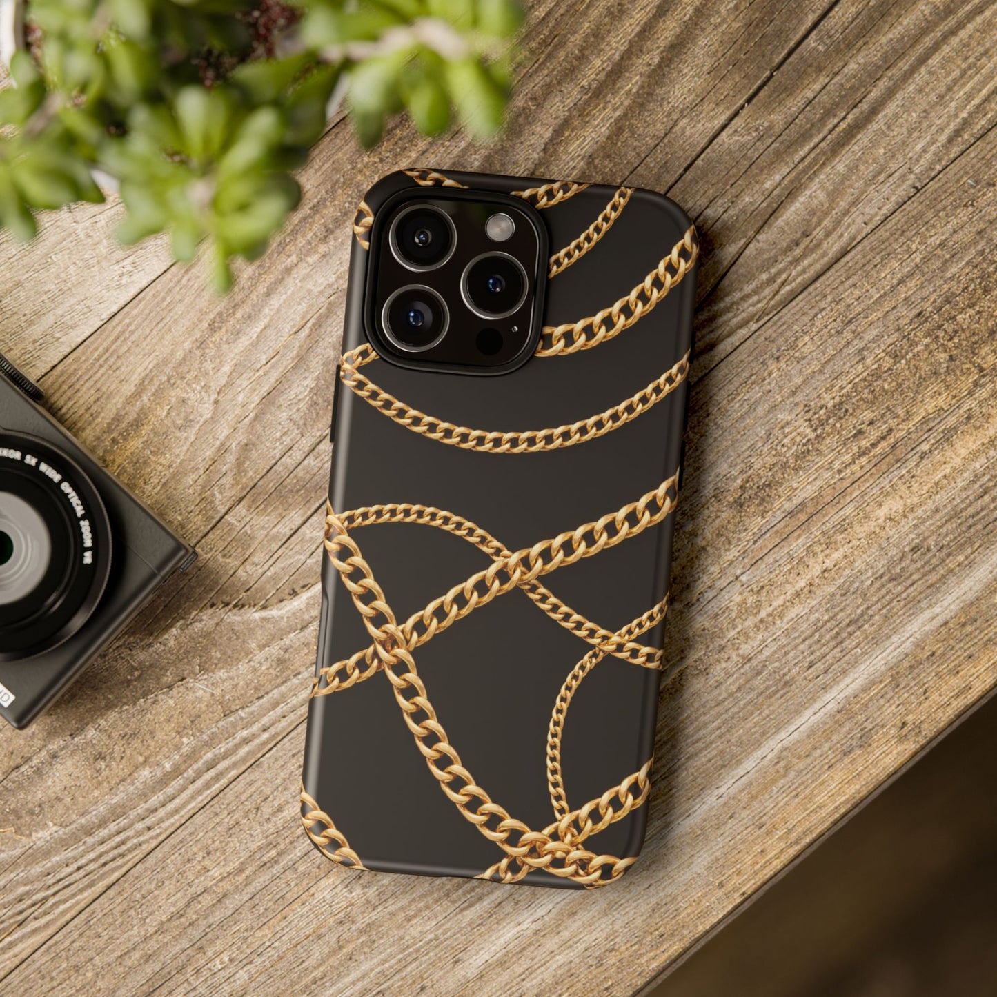 Luxury Gold Chain Phone Case – Black Designer Style Tough Protective Cover for Iphone, Samsung Galaxy and Pixel