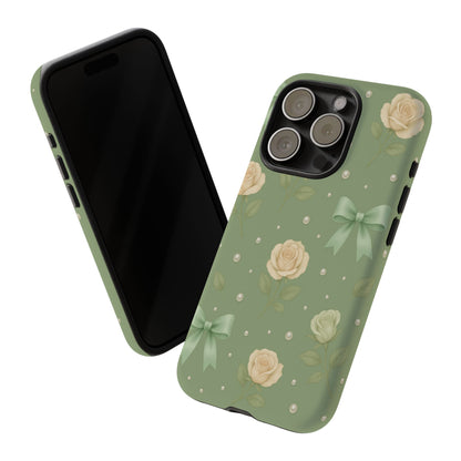 Vintage Rose Bow Phone Case – Sage Green Floral Coquette Aesthetic Tough Case (iPhone, Samsung, Pixel)