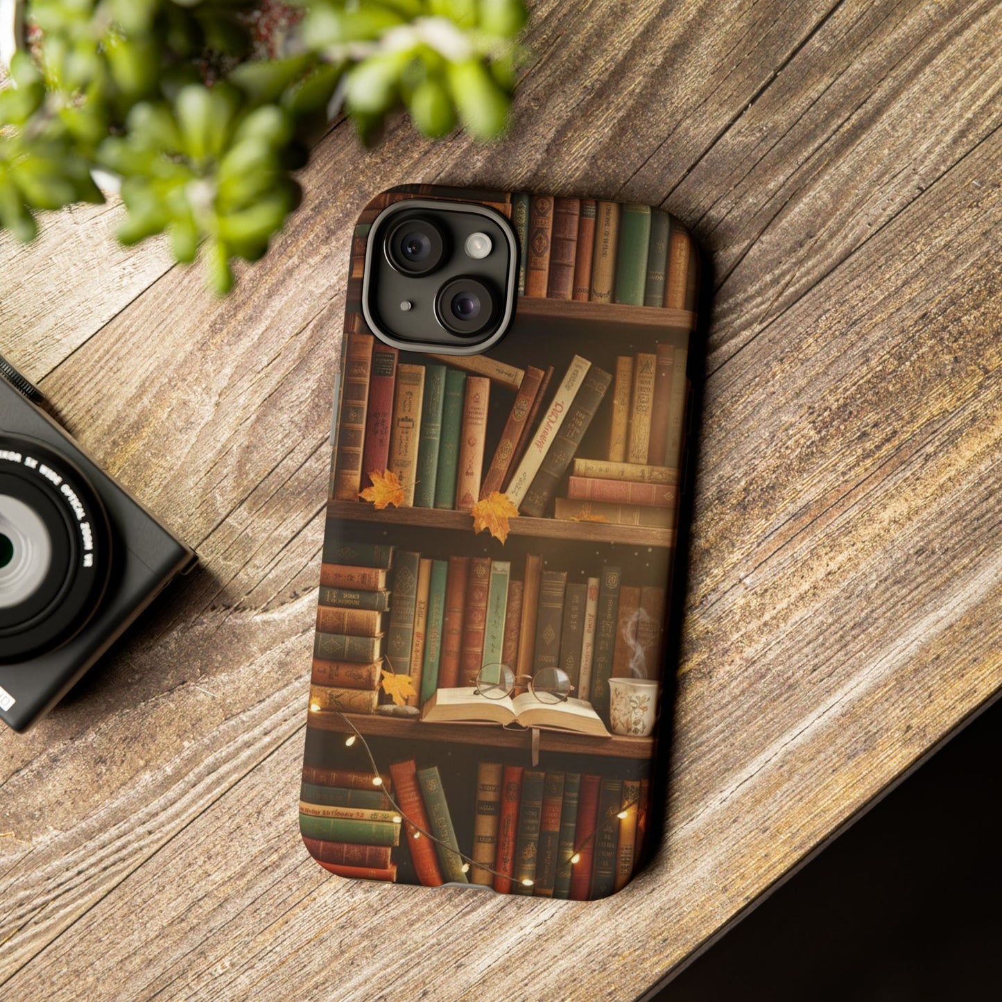 Cozy Vintage Bookshelf Phone Case, Library Aesthetic Book Stack, Autumn Coffee Vibes (iPhone, Samsung, Pixel)
