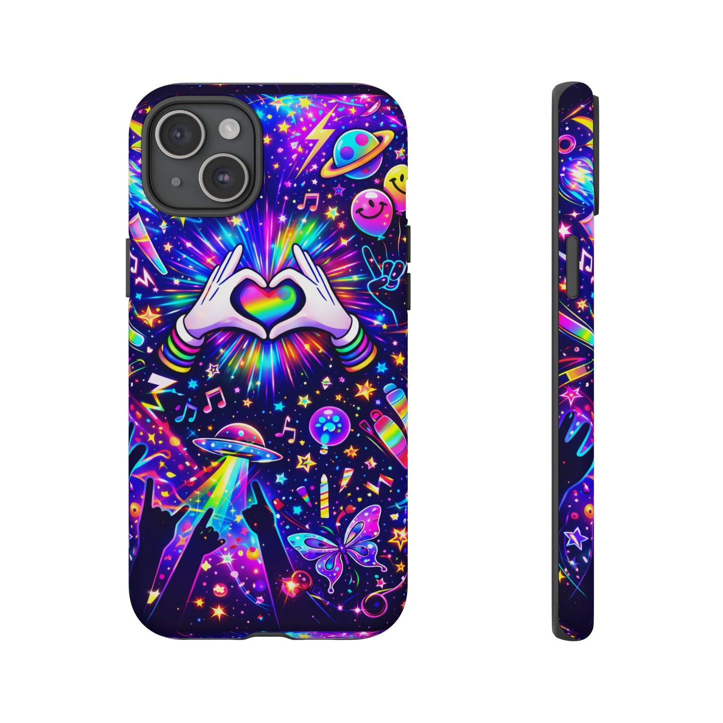 Rainbow Heart Hands Phone Case – Neon Galaxy EDM Festival Tough Cover