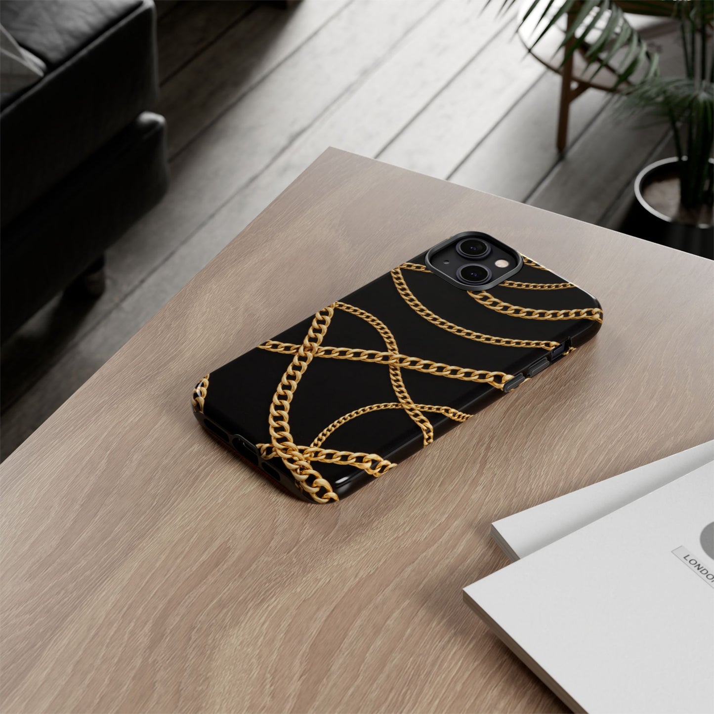 Luxury Gold Chain Phone Case – Black Designer Style Tough Protective Cover for Iphone, Samsung Galaxy and Pixel
