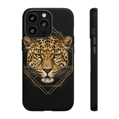 Leopard Head Geometric Phone Case – Black & Gold Luxe Tough Case