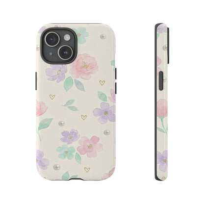 Pastel Floral Phone Case – Coquette Watercolor Flower Hearts Tough Case (iPhone, Samsung, Pixel)