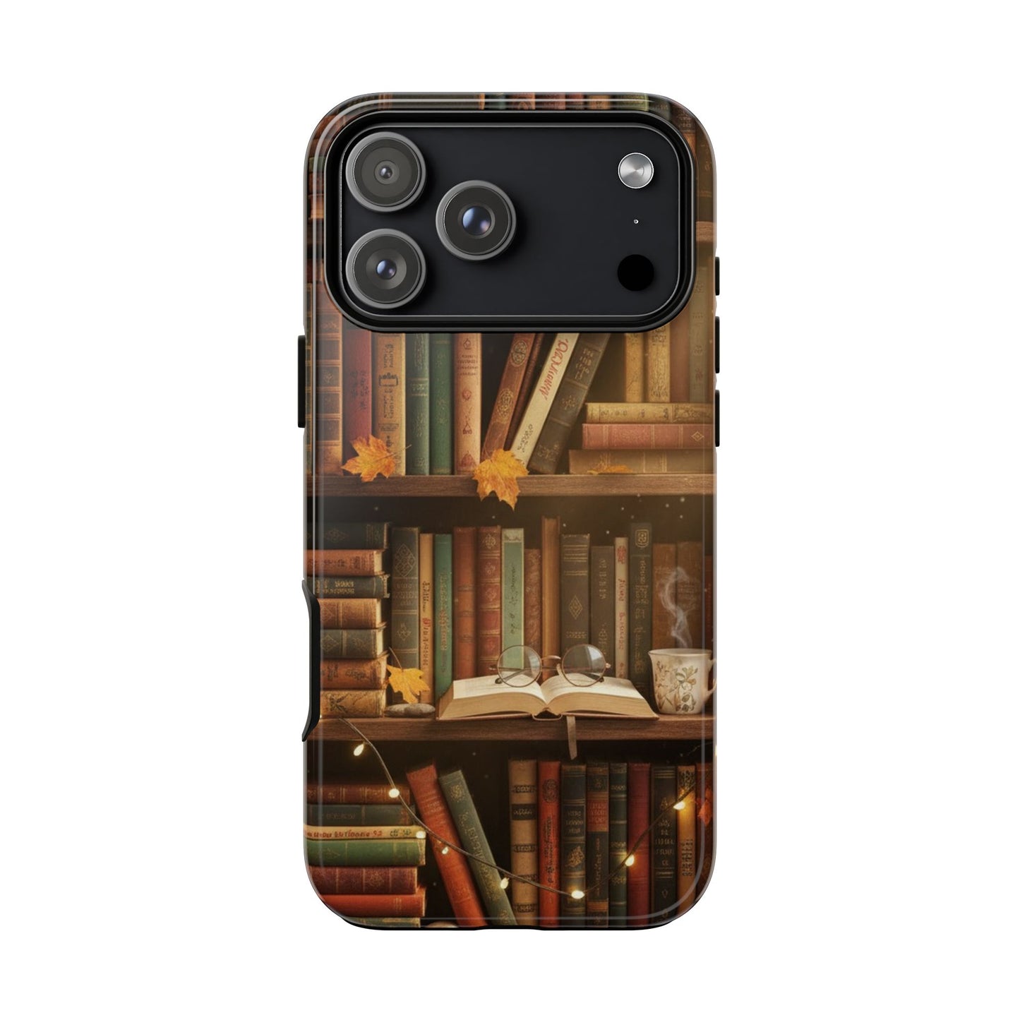 Cozy Vintage Bookshelf Phone Case, Library Aesthetic Book Stack, Autumn Coffee Vibes (iPhone, Samsung, Pixel)
