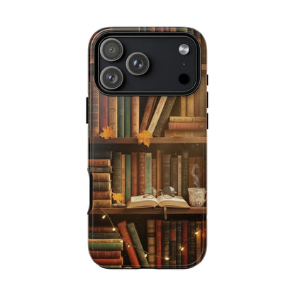 Cozy Vintage Bookshelf Phone Case, Library Aesthetic Book Stack, Autumn Coffee Vibes (iPhone, Samsung, Pixel)