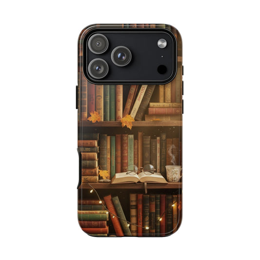 Cozy Vintage Bookshelf Phone Case, Library Aesthetic Book Stack, Autumn Coffee Vibes (iPhone, Samsung, Pixel)