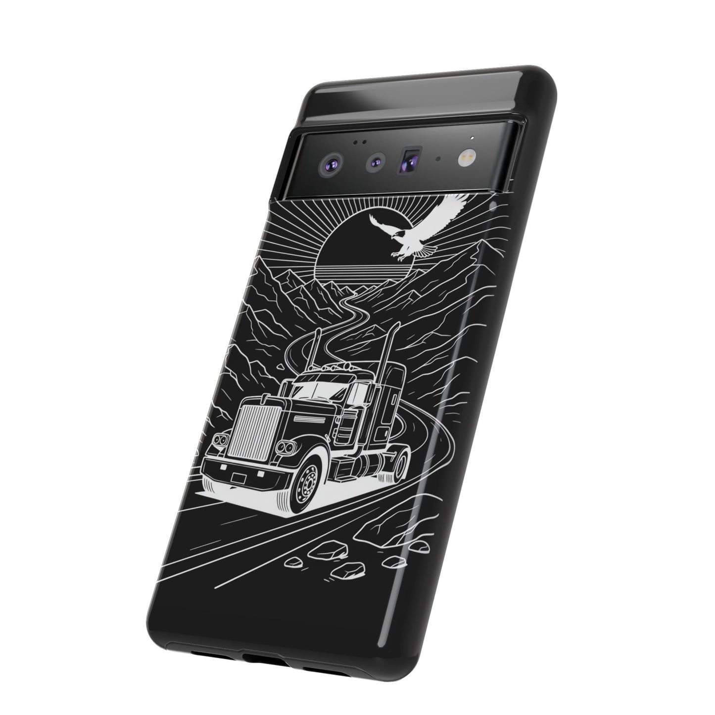 Trucker Highway Phone Case | Eagle & Mountain Line Art | Black Western Tough Case