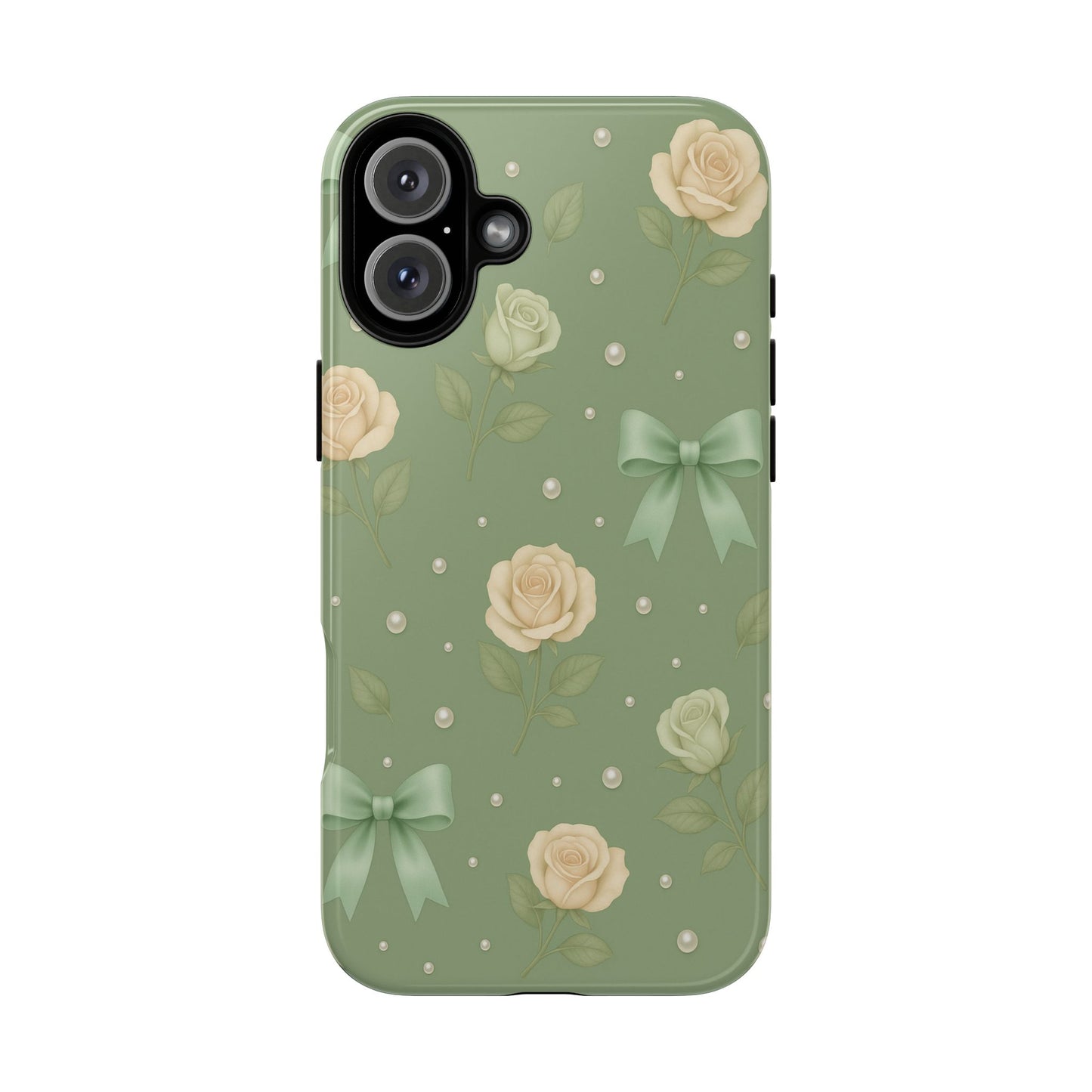Vintage Rose Bow Phone Case – Sage Green Floral Coquette Aesthetic Tough Case (iPhone, Samsung, Pixel)
