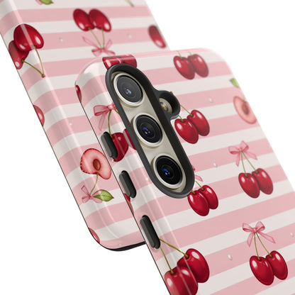 Coquette Cherry Bow Phone Case | Cute Pink Aesthetic Cherry Pattern Tough Case for iPhone & Samsung