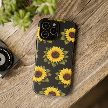 Sunflower Floral Tough Phone Case – Black Background Protective Cover for Iphone, Samsung Galaxy and Pixel