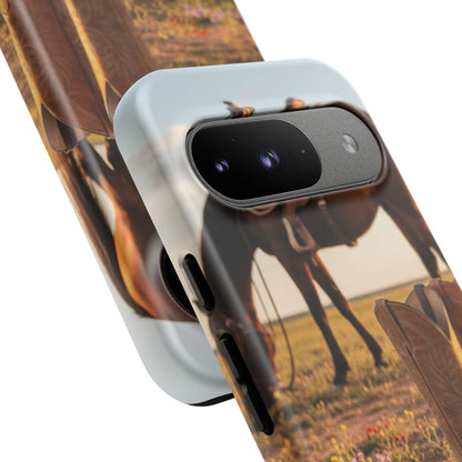 Western Cowboy Boots Phone Case – Rustic Horse Sunset Tough Case (iPhone, Samsung, Pixel)