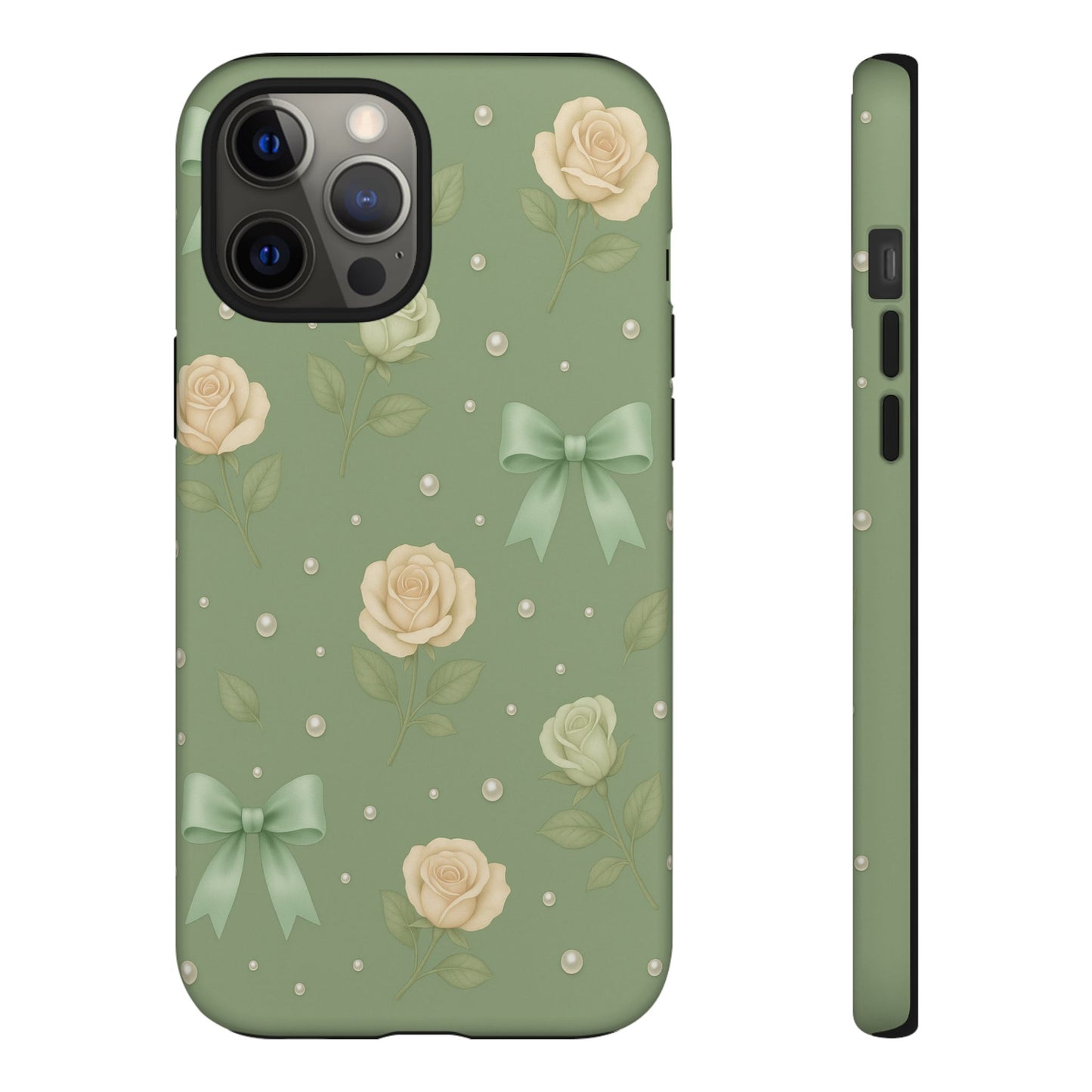 Vintage Rose Bow Phone Case – Sage Green Floral Coquette Aesthetic Tough Case (iPhone, Samsung, Pixel)