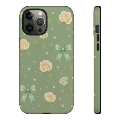 Vintage Rose Bow Phone Case – Sage Green Floral Coquette Aesthetic Tough Case (iPhone, Samsung, Pixel)