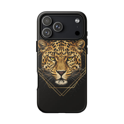Leopard Head Geometric Phone Case – Black & Gold Luxe Tough Case