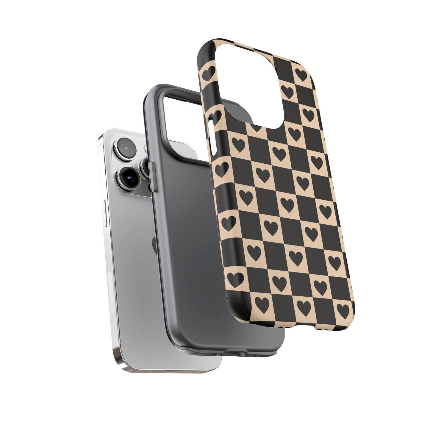 Checkerboard Heart Phone Case – Black & Beige Cute Aesthetic Protective Cover for Iphone, Samsung Galaxy and Pixel