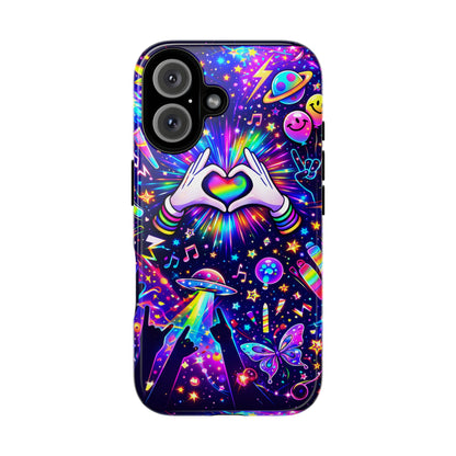 Rainbow Heart Hands Phone Case – Neon Galaxy EDM Festival Tough Cover