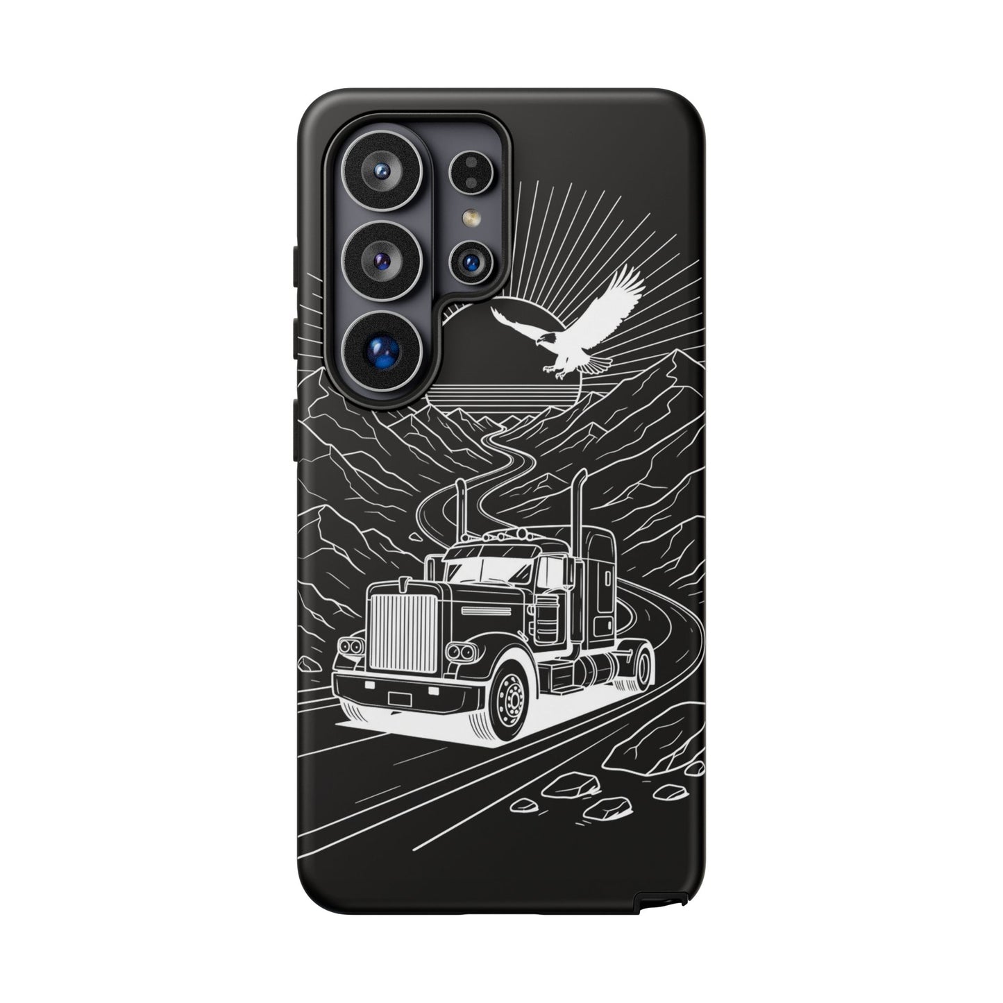 Trucker Highway Phone Case | Eagle & Mountain Line Art | Black Western Tough Case