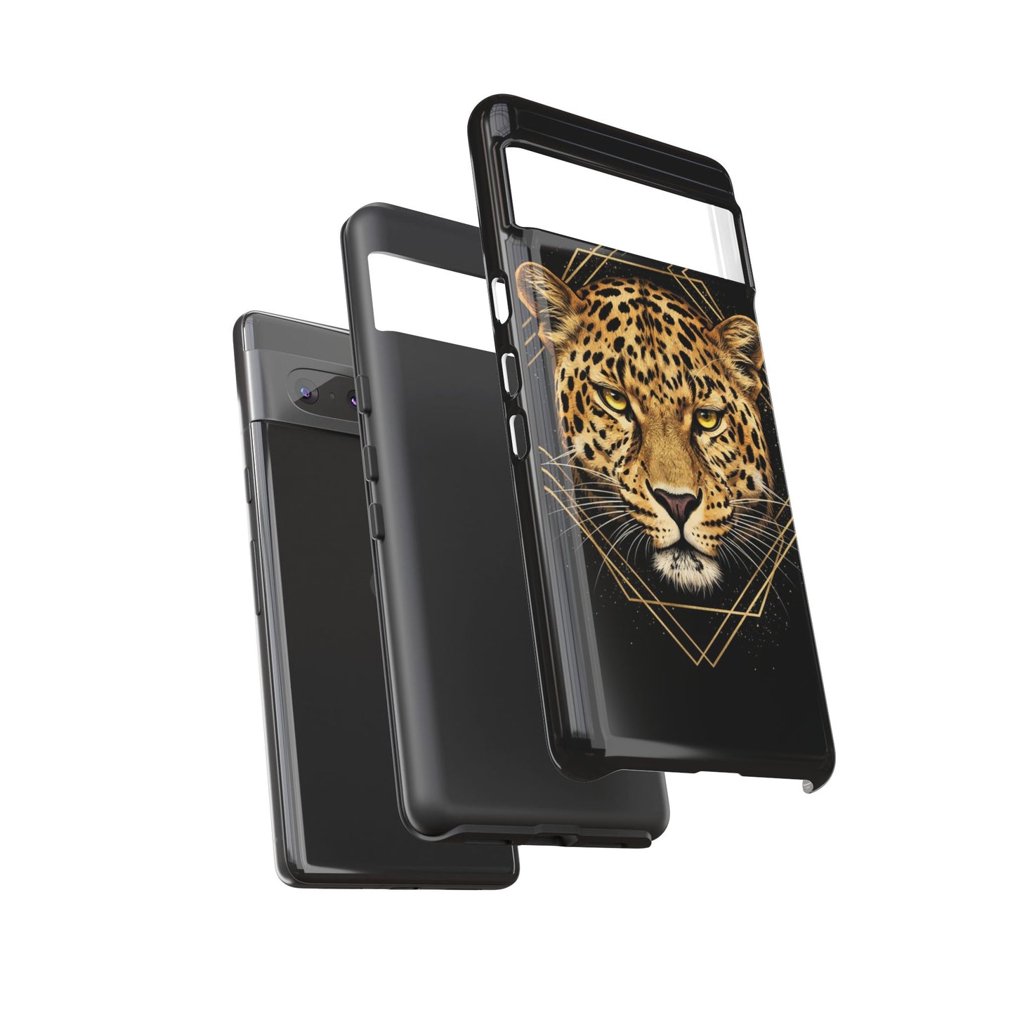 Leopard Head Geometric Phone Case – Black & Gold Luxe Tough Case